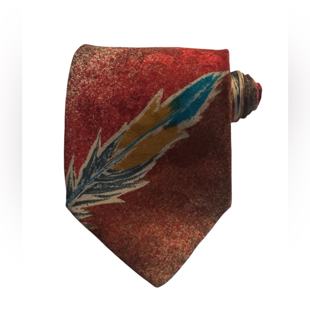 CLAUDE MONTANA Paris tie Vintage Silk Red Abstract Feather graphic art Italy